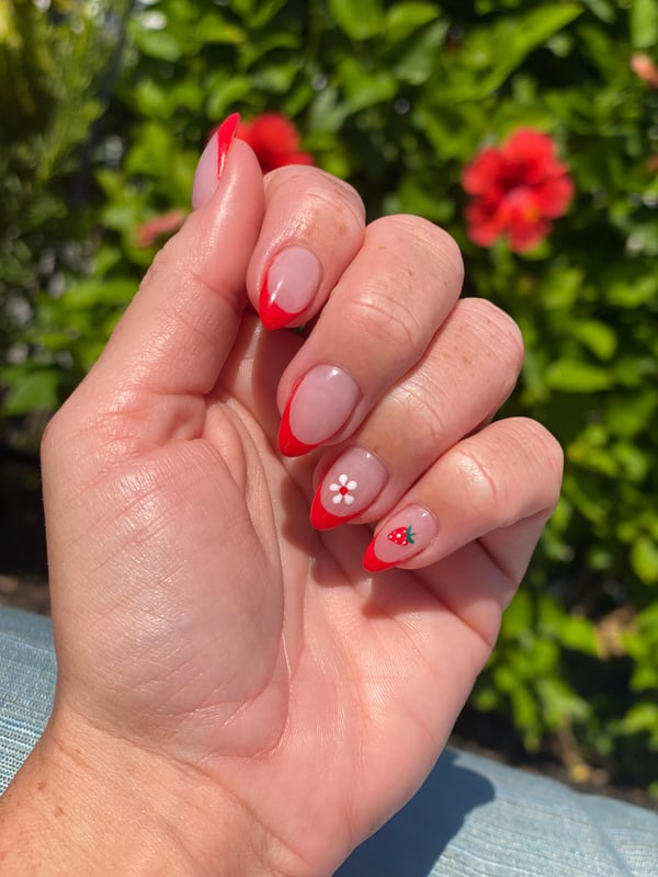 Picture by xxslime666 saying 'Liquid Gel Nails! I Always Do A Colored French Tip 🙂🍓🌸'