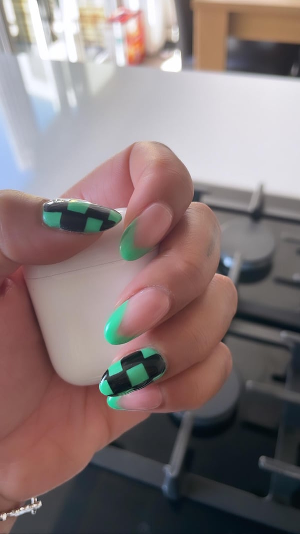 Picture by mysticpanda_xx saying 'BIAB ~ Low Key Tanjiro From Demon Slayer Nails 💚🖤 Love How My Nail Tech Is So On Board With Anime Designs'