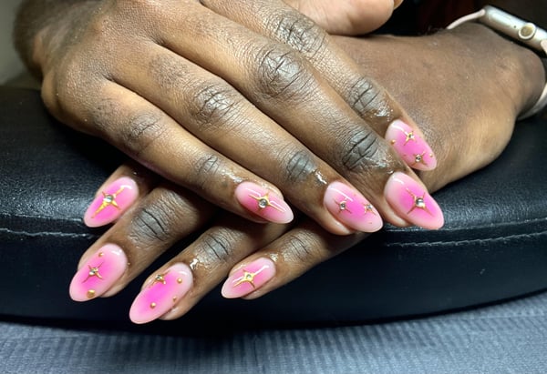 Picture by BuddhaBabiee saying 'My First Attempt At Aura Nails 💫 As A Nail Tech! My Client Loved Them, What Do Y’all Think? 🤩🫶💖'