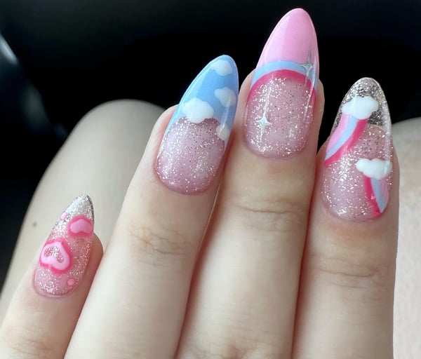 Picture by Moon-Desu saying 'I Did My Nails For My Birthday! Clouds, Hearts, And Stars'