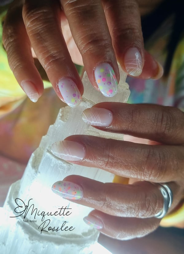 Picture by PaintedPetals_SA saying '🤍🩷🧡💚💛Milky White Gel🤍🩷🧡💚💛 Opinions Please?'