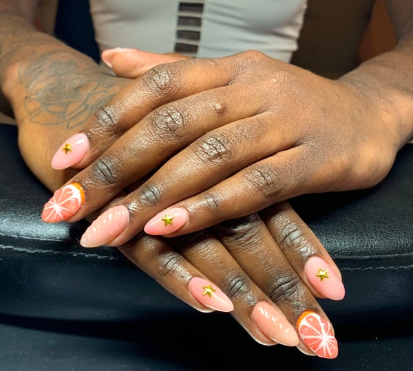 Picture by BuddhaBabiee saying 'Grapefruit Nails On My Client Today ! 💅✨🫶 I’m In Love! How Do You Guys Like It? 💕'