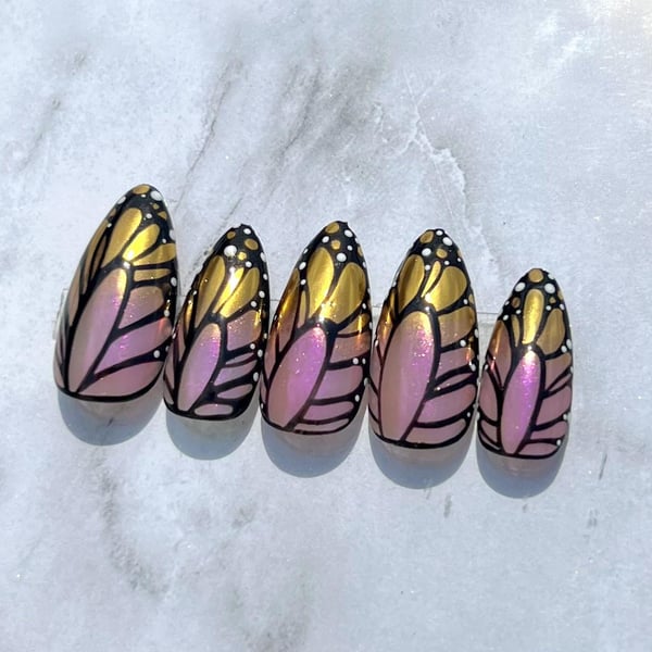 Picture by Key_Seaworthiness408 showing 'I Made These Butterfly Nails To Add To My Pre-designed Sets. I Named The Set Wisteria Wings But I Don’t Know If I Like It. Should I Name Them Something Else? If So Then What?' number 2