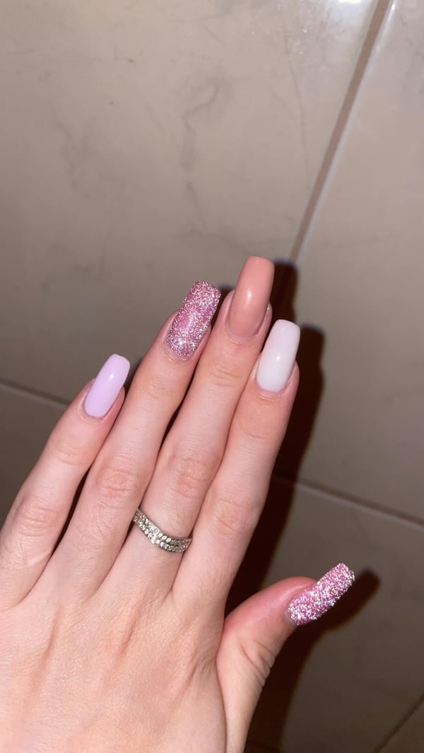 Picture by adabx saying 'Pink + Sparkle 💖 i Do My Own Gel Overlay Nails So The Shape On Some Of Them Can Be A Lil Off'