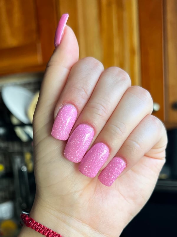 Picture by edith96_ saying 'Barbie Inspired Nails 💕 So In Love With This Color Combo Pink Is “Go Girl” By Gelish Xpress And The Glitter Is “Eyes On The Prize” By Kiara Sky In Dip Powder'