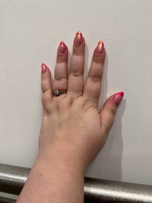 Picture by MediumAd8802 saying 'First Time Doing At Home Gel X! Not Amazing But I’m Happy With Them 🥰🩷'