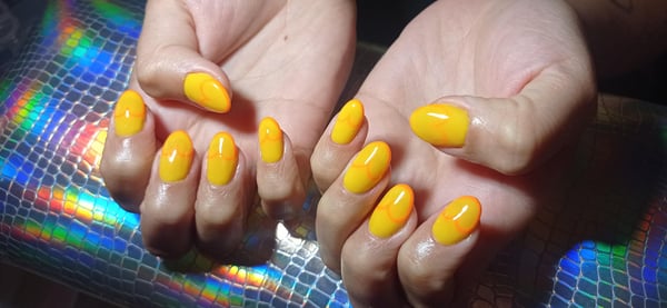 Picture by merisouth saying 'Second Time Doing My Nails, Yellow With An Orange Line Heart, Cutie Thing'