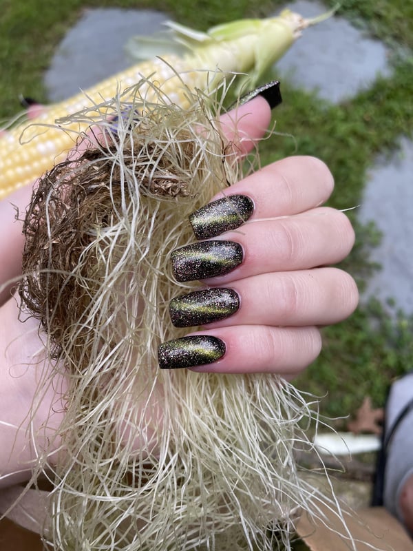 Picture by StrangeMango775 showing 'Did My Sisters Cat Eye Nails, Swipe For Corn Husk Modeling 😂' number 4