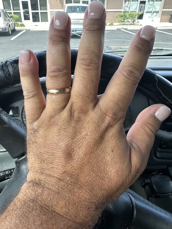 Picture by PrestigiousLuck9604 showing 'I’m A Guy That Has Bitten And Picked My Nails All My Life. I’m 46. I’m Hoping That Acrylics Help Breaking The Habit. I Loved My Nails And Wish I Would’ve Kept Them This Way. But I Got So Much Weird Looks That I Went With A More Natural Look Today' number 2