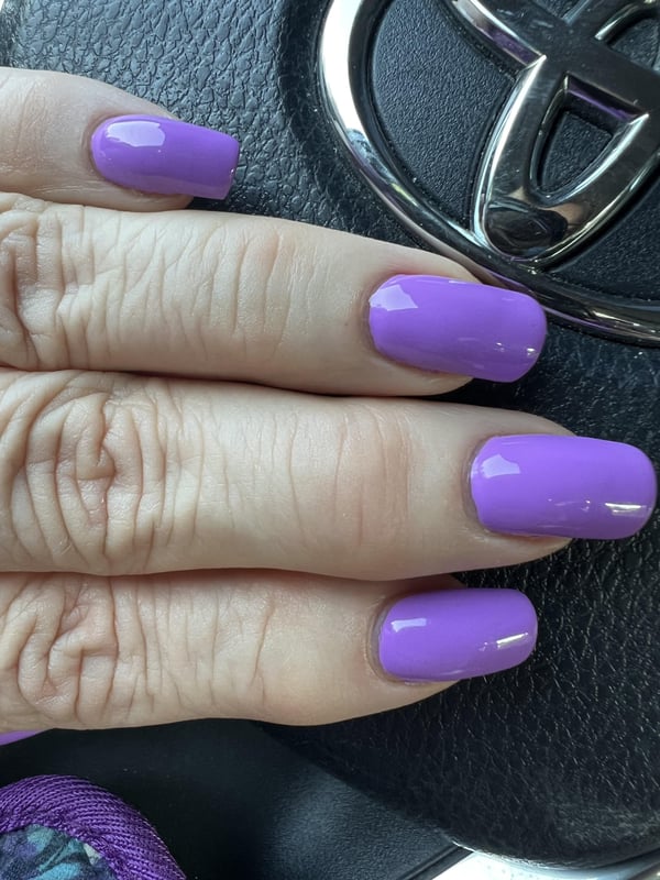 Picture by Imaginary_Let_3533 saying 'Fresh Gel “Vivid Violet”. Hands Feel Better With Fresh Nails.'