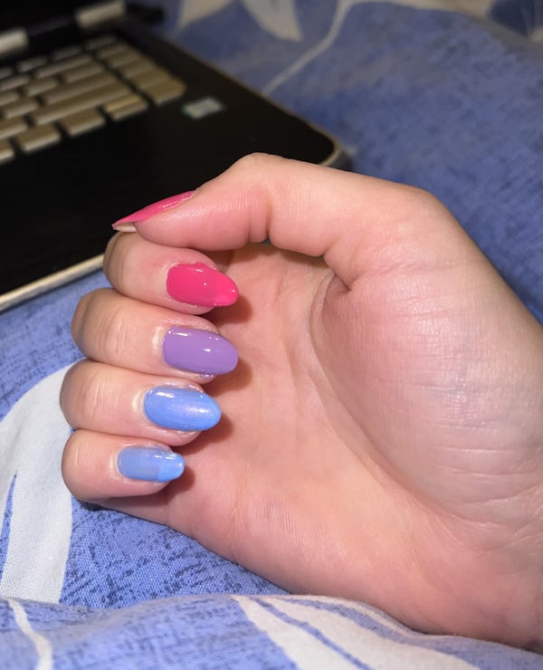 Picture by Ok-Property6209 saying 'Pride Nails 💗💜💙'