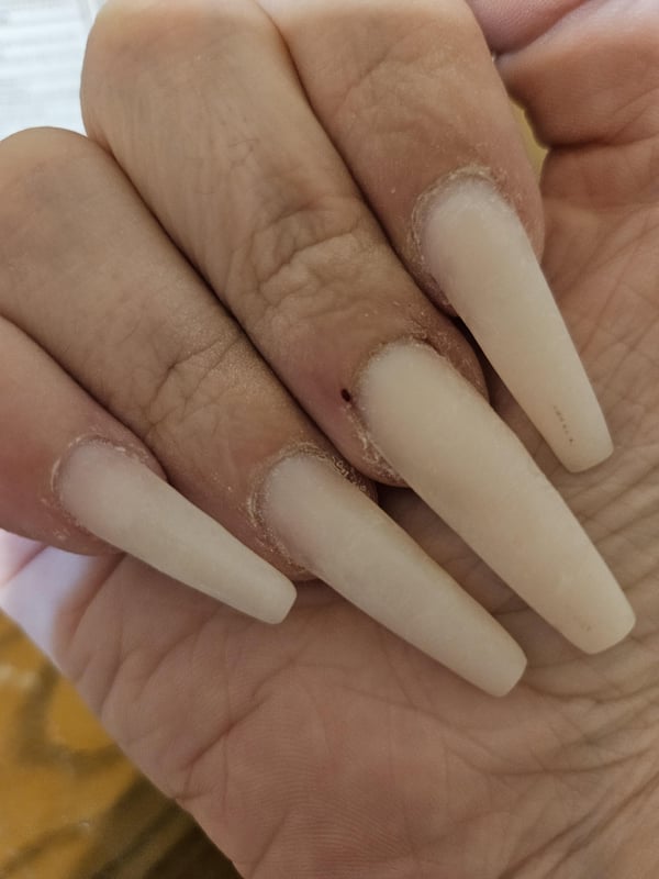 Picture by Silver-Strength-3077 saying 'My Favorite Set So Far. Poly Gel With Plastic Coffin Tips. I'm Getting Better And Better. Only Like My 4th Time Doing Long Poly Gel.'