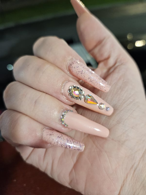 Picture by Silver-Strength-3077 showing 'My Favorite Set So Far. Poly Gel With Plastic Coffin Tips. I'm Getting Better And Better. Only Like My 4th Time Doing Long Poly Gel.' number 2