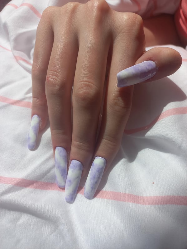 Picture by YourHighnessKatie showing 'I Know The Shape Is A Mess, And I Did It All Wrong Technically, But I Really Love Them 🥺 They Took Me 5 Hours. The Purple Parts Are Glossy And The Whites Are Matt 💜🤍 It's Just The Beginning, I Believe In Myself And All Of You 💕' number 2