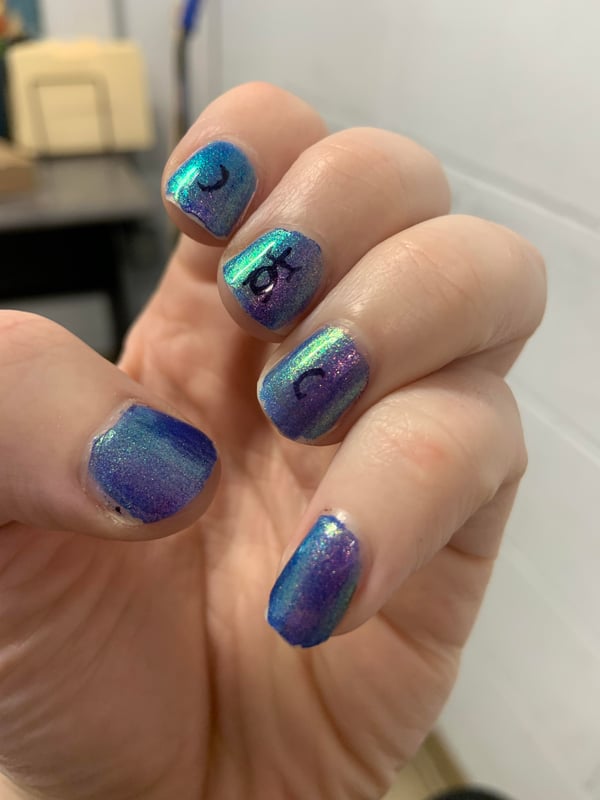 Picture by Several_Ad_1322 saying 'Mercury’s Tears. Feeling The Witchergy In These. Started Working With Nailpolish A Couple Of Months Ago And I Can Finally Do My Full Hands Without Getting Varnish On The Skin.'