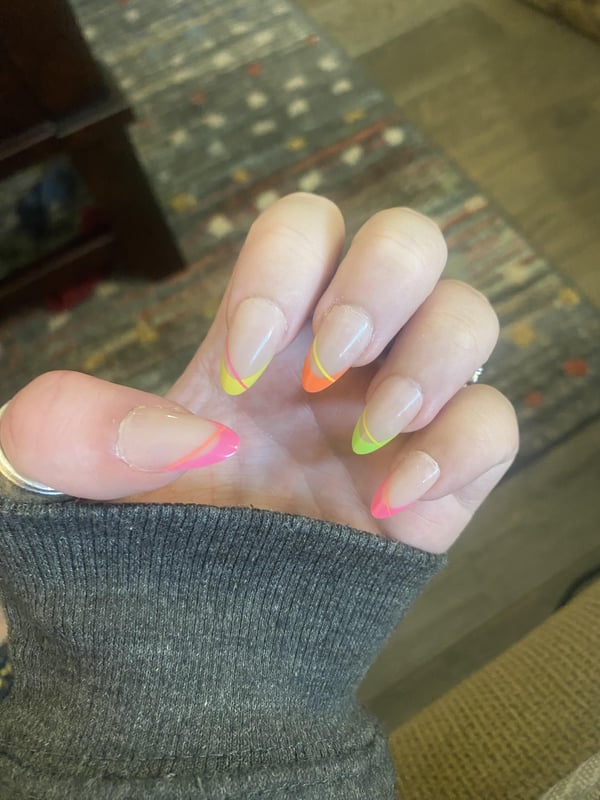 Picture by Brilliant-Amoeba-949 saying 'Summer-y Mani!!! 😎☀️🌞🌻👙🍉👗'