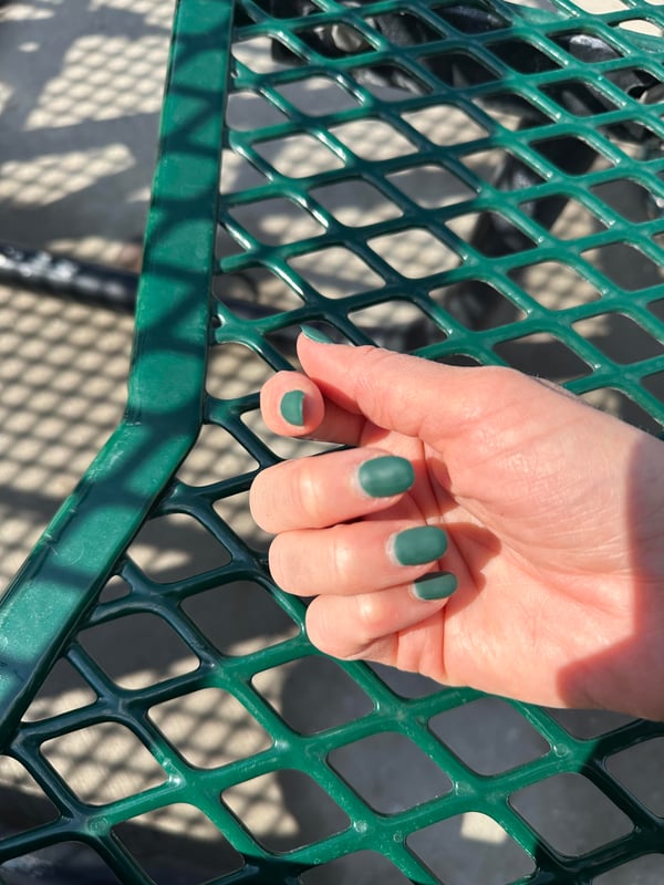 Picture by OutdoorsWithGiGi saying 'When You Realize Your Nails Perfectly Match The Park Bench..'