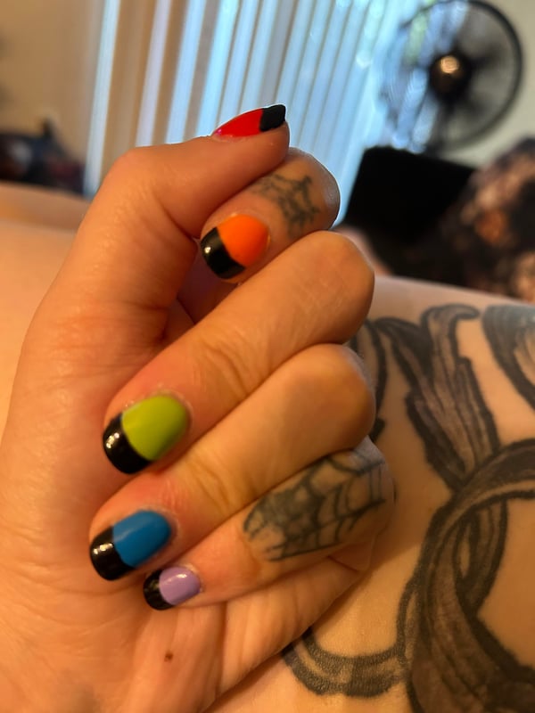 Picture by screamAva saying 'Saw Someone On Here With Their “gay Goth” Nails, Mine Are Similar Right Now So I Thought I’d Share! Most Colorful Manicure I’ve Ever Given Myself :-. Been Practicing With Gel Recently, But You All Are So Talented! Lots Of Inspiration :-'