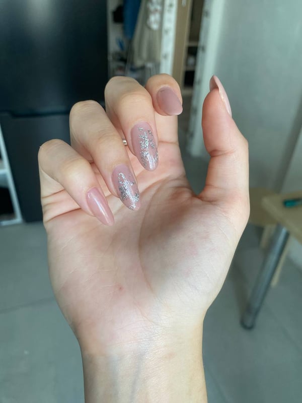 Picture by Kareena_Doll saying 'New Manicure Pink With Silver, I Love This Elongated Shape Of Nails'