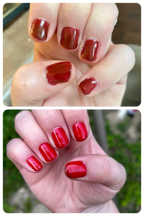 Picture by hoogabalooga11 saying 'I Got My Gel Nail Kit Just About A Year Ago. Here’s The First Time I Used It Vs Now! Still Not Perfect But So Much Better!'