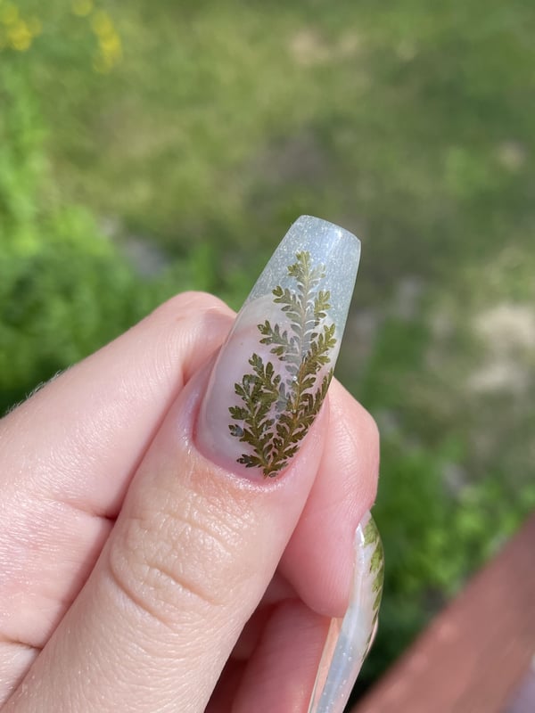 Picture by StrangeMango775 saying 'Encapsulated Flower And Fern Nails For My Birthday!'