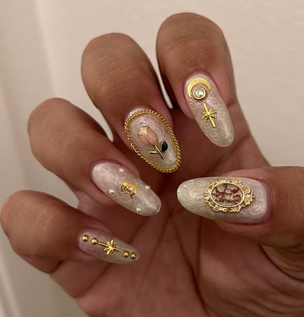 Picture by buttcracklint saying 'First Time Using Nail Charms! How Did I Do For My 3rd Gel Set Ever?'