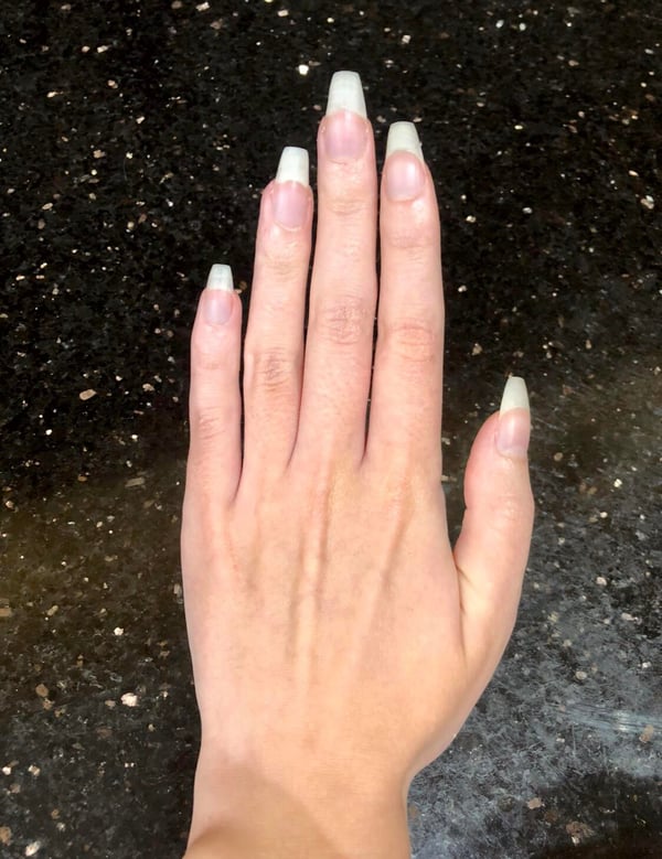 Picture by IllHighlight2930 saying 'Natural Nails- Too Long? Also Would An Almond/oval Style Look Better?'