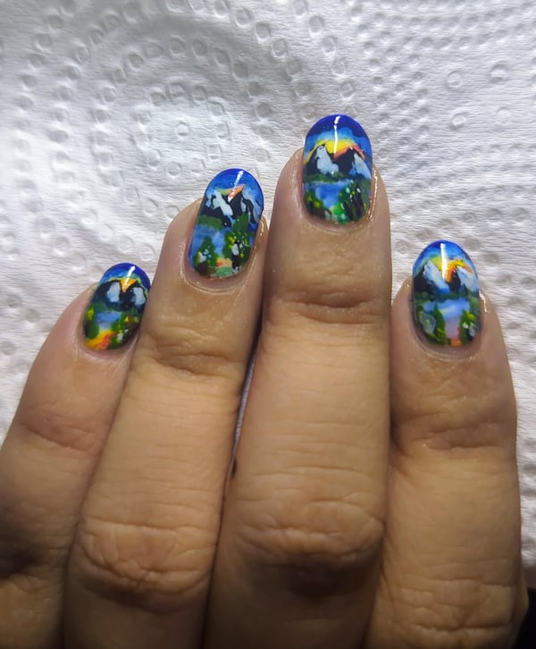 Picture by spicyxcinnamon saying 'Painted My Nails By Following A Bob Ross Landscape Tutorial'