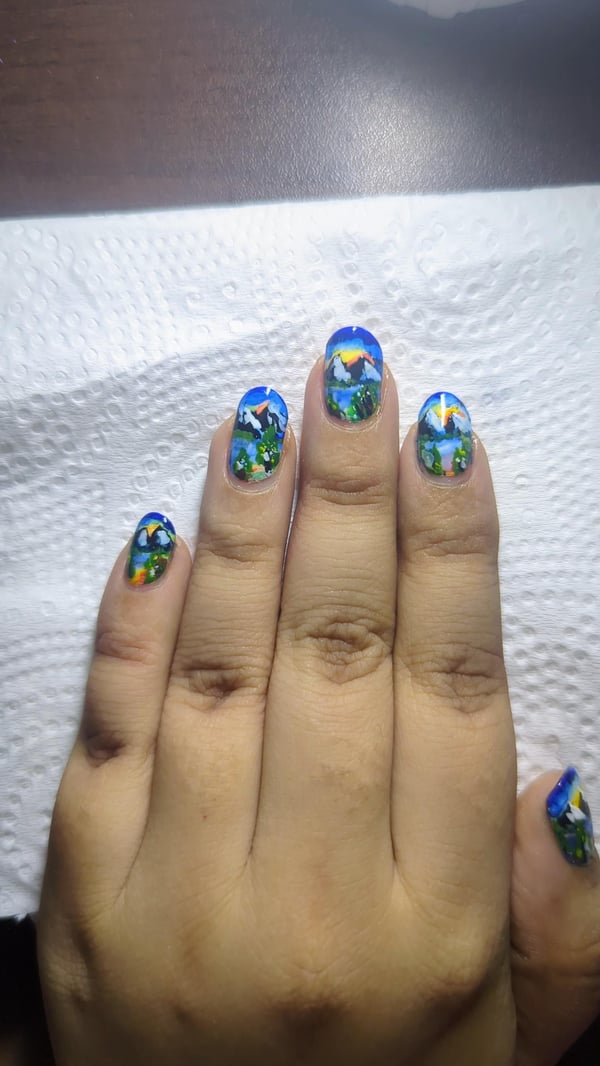 Picture by spicyxcinnamon showing 'Painted My Nails By Following A Bob Ross Landscape Tutorial' number 4